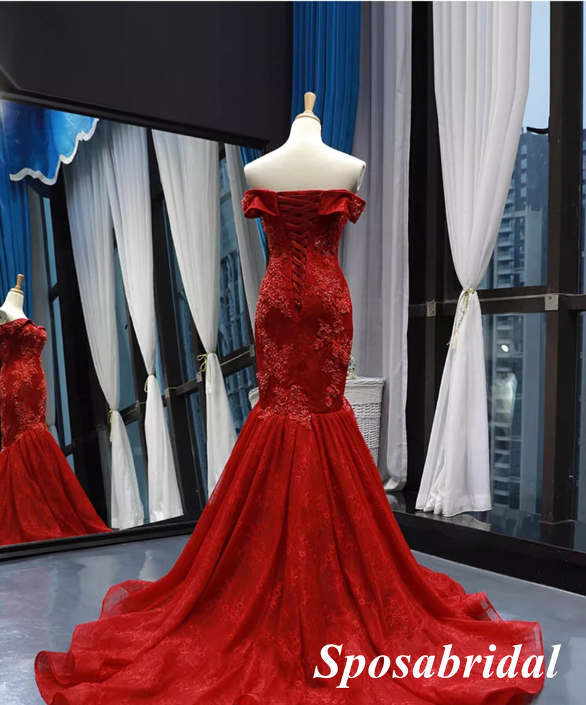 Elegant Red Tulle And Lace Off Shoulder Sleeveless Mermaid Long Prom Dress Formal Party Dress, PD3990