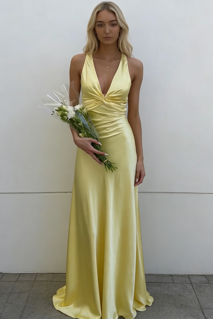 Canary Yellow Satin Halter Prom Dress with Twist Front Detail, PD4125