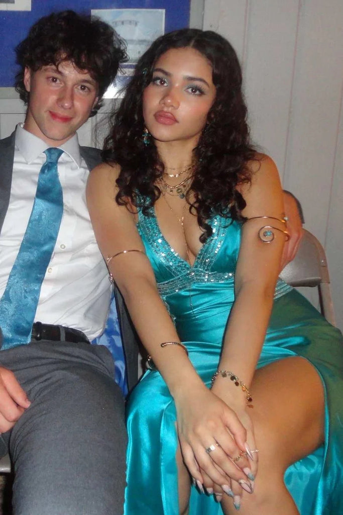 Teal Satin Spaghetti Straps High Slit Formal Evening Gown for Prom, PD4129