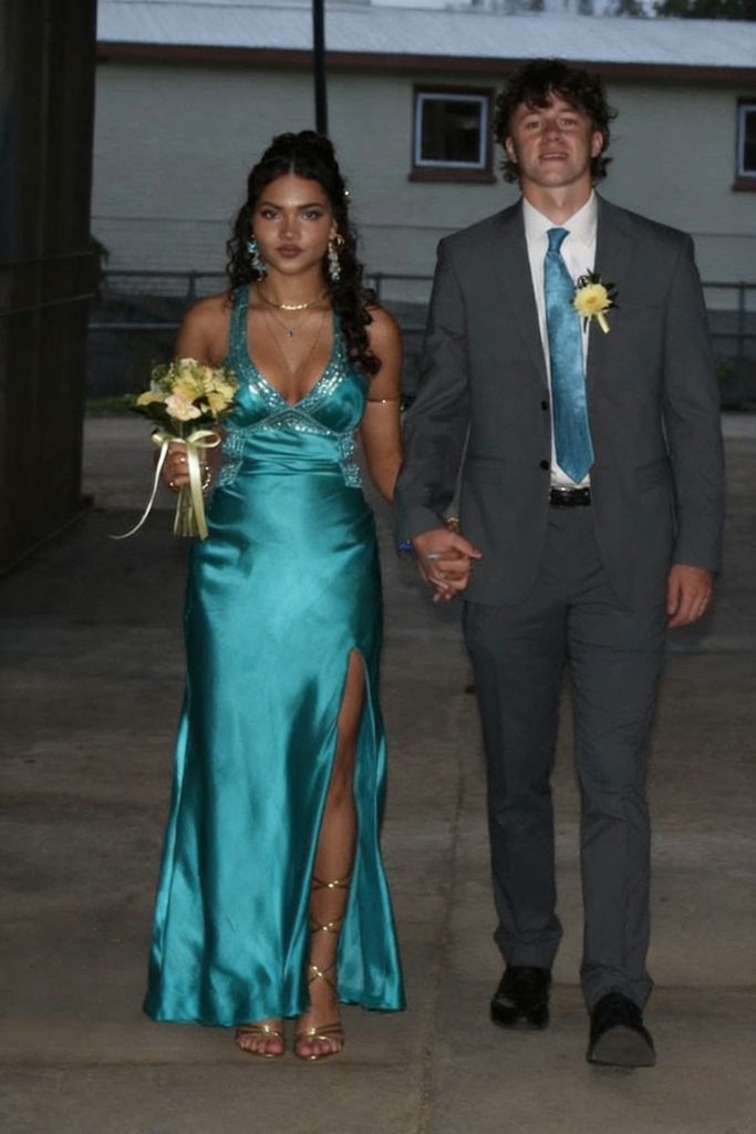 Teal Satin Spaghetti Straps High Slit Formal Evening Gown for Prom, PD4129