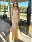 Champagne Gold Sequin Off Shoulder Mermaid Prom Dress with Tulle Train, PD4128