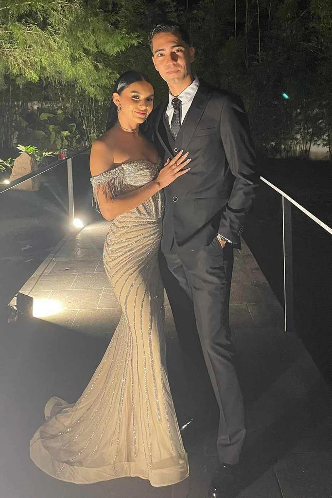 Nude Off-the-Shoulder Beaded High Slit Formal Gown for Gala, PD4130