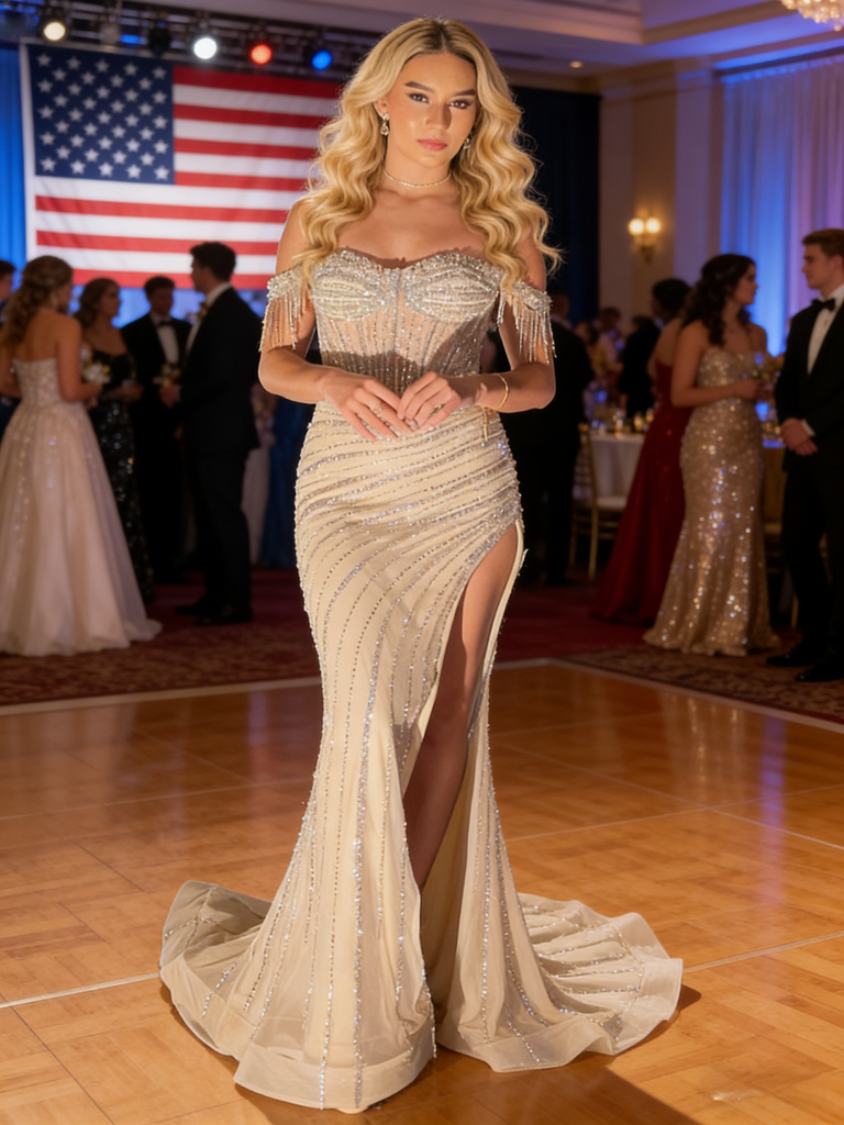 Nude Off-the-Shoulder Beaded High Slit Formal Gown for Gala, PD4130