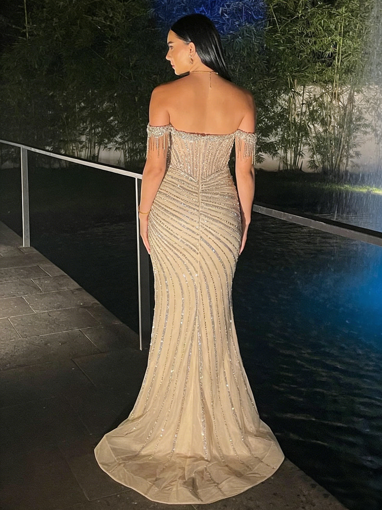 Nude Off-the-Shoulder Beaded High Slit Formal Gown for Gala, PD4130
