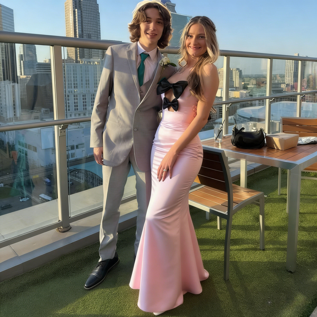 Pink Satin Strapless Bow Detail Mermaid Formal Evening Gown, PD4131