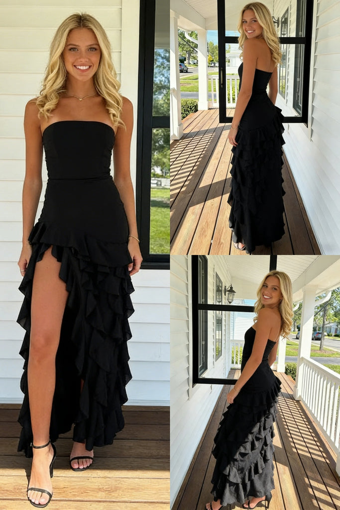 Sexy Black Chiffon Strapless Side Slit Mermaid Ruffle Prom Dress, PD4132