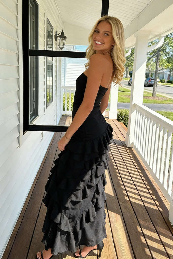 black ruffle prom dress Sexy Black Chiffon Strapless Side Slit Mermaid Ruffle Prom Dress, PD41 – SposaBridal