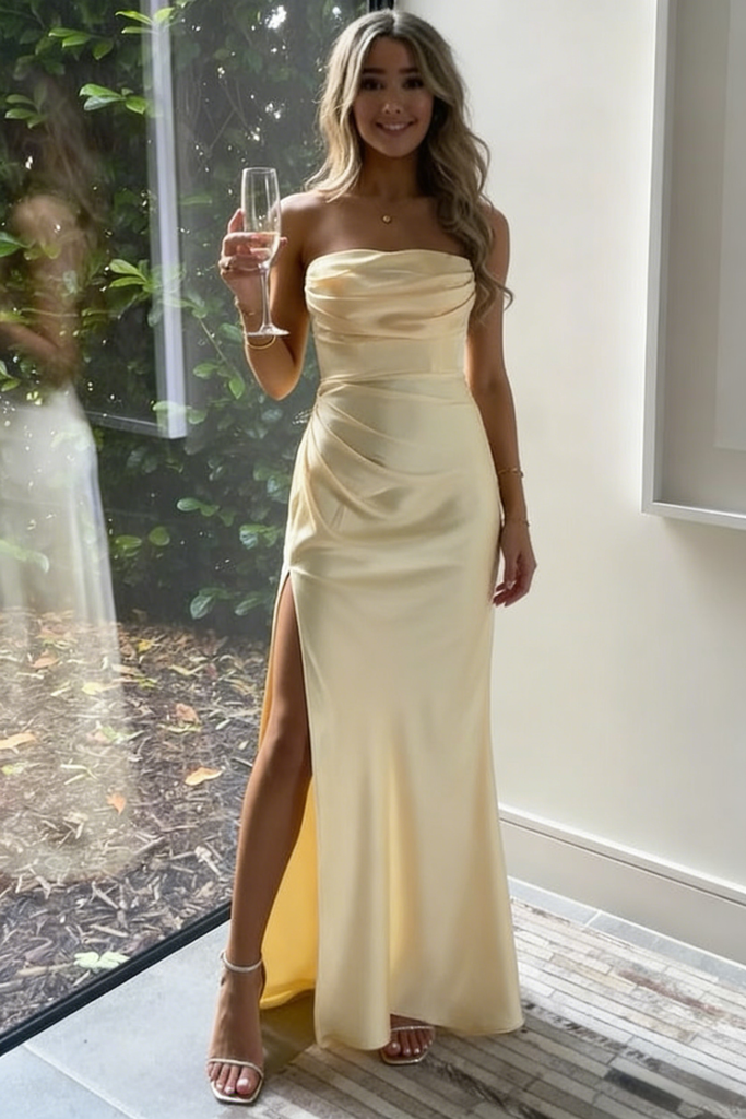 Butter Yellow Strapless Satin Prom Gown, Ruched Bodycon Dress with Sid – SposaBridal