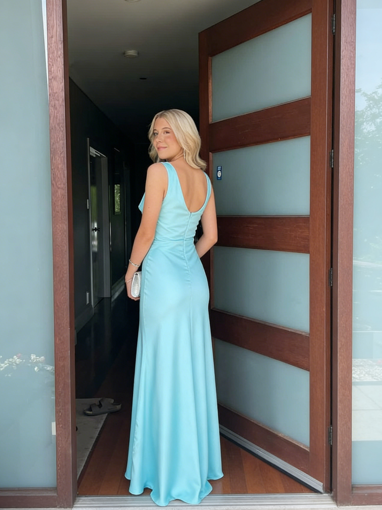 Ice Blue Spaghetti Straps Satin Mermaid Evening Dress, Formal Prom Gown, PD4135