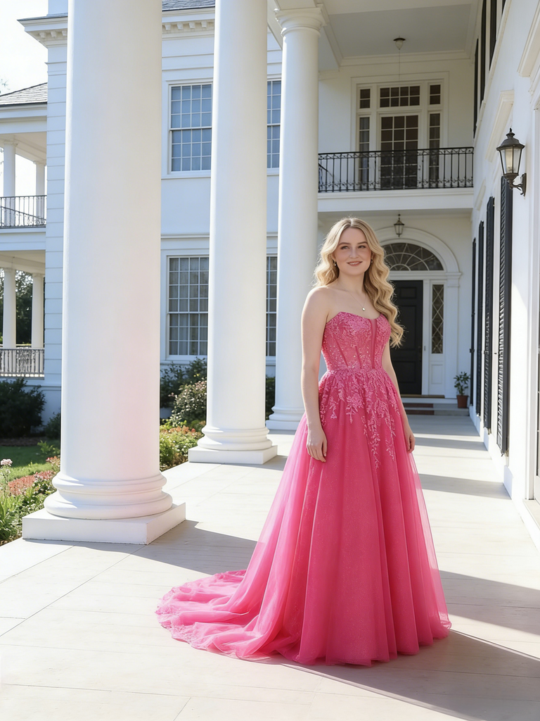 Hot Pink Strapless Lace Sequin Tulle Ball Gown, Formal Prom Dress with Boning, PD4136
