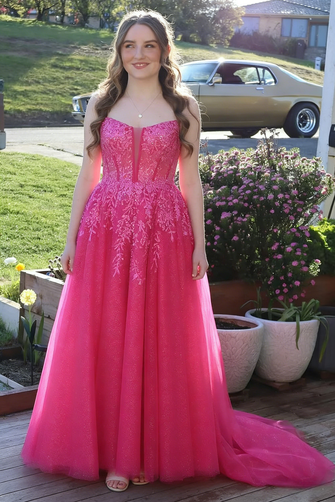 Hot Pink Strapless Lace Sequin Tulle Ball Gown, Formal Prom Dress with Boning, PD4136
