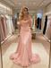 Blush Pink Off Shoulder Feather Trimmed Train Gown, Ruched Formal Evening Dress, PD4138