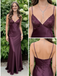 Plum Satin V-Neck Lace Bodice Mermaid Gown Elegant Evening Dress, PD4140