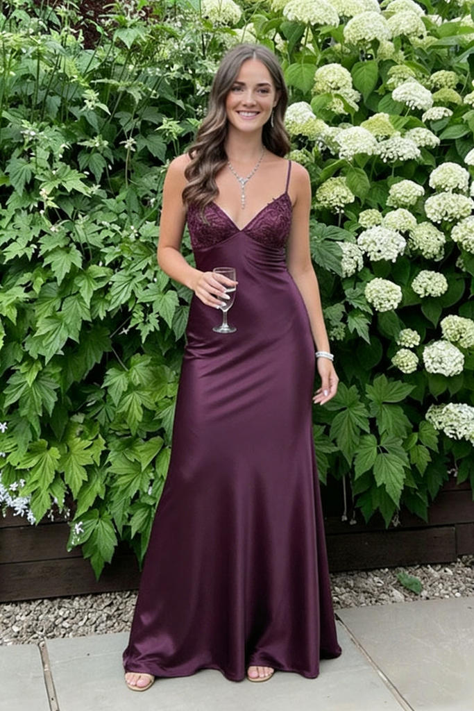 Plum Satin V-Neck Lace Bodice Mermaid Gown Elegant Evening Dress, PD4140