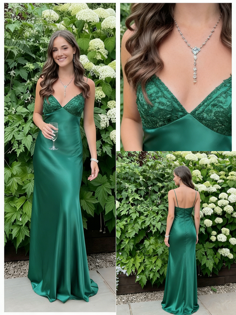Emerald Green Satin V-Neck Lace Mermaid Maxi Dress Sexy Formal Party Gown, PD4141