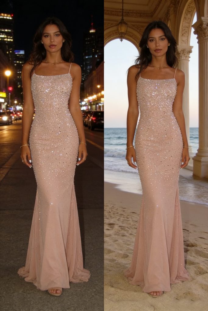 Blush Pink Beaded Spaghetti Strap Mermaid Gown Glamorous Elegant Evening Dress, PD4142