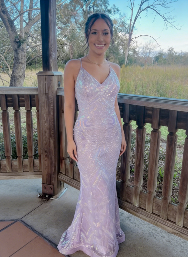 Lilac Sequin Spaghetti Strap Mermaid Dress - Prom & Formal Party Gown, PD4146