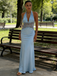 Light Blue Halter Neck Lace Sheer Evening Gown with Open Back and Button Detail, PD4149