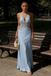 Light Blue Halter Neck Lace Sheer Evening Gown with Open Back and Button Detail, PD4149