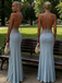 Light Blue Halter Neck Lace Sheer Evening Gown with Open Back and Button Detail, PD4149