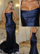 Navy Blue Satin Spaghetti Strap Mermaid Gown with Draped Waist for Formal & Evening Events, PD4152