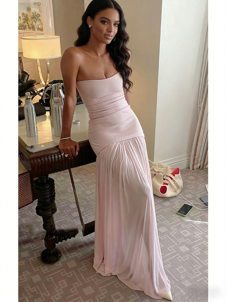 Flowy Blush Pink Chiffon Strapless Ruched Waist Formal Gown | Wedding & Evening Dress, PD4159