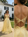 Yellow Lace Spaghetti Strap Backless Prom Dress with Pockets Elegant Formal Evening Gown, PD4160