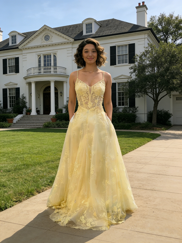 Yellow Lace Spaghetti Strap Backless Prom Dress with Pockets Elegant Formal Evening Gown, PD4160