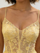 Yellow Lace Spaghetti Strap Backless Prom Dress with Pockets Elegant Formal Evening Gown, PD4160