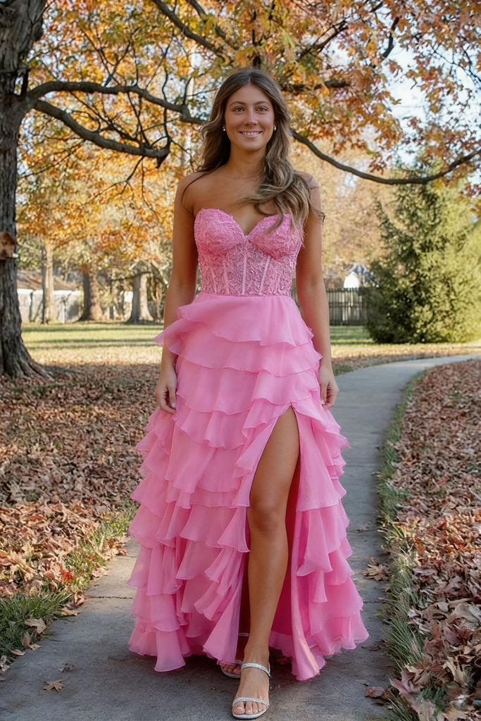 Pink Strapless Ruffled A-Line Prom Dress with High Slit - Tiered Chiffon Formal Evening Gown, PD4161