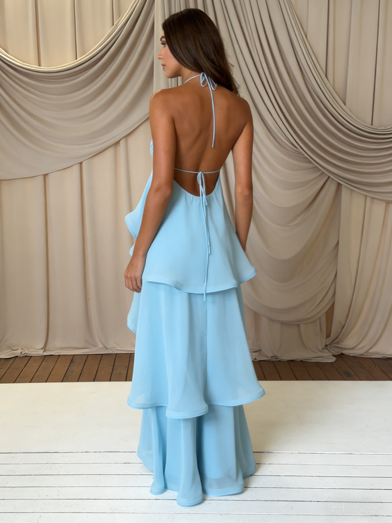 Light Blue Halter Layered Ruffle A-Line Maxi Dress - Flowy Chiffon Summer Formal Gown, PD4164