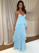Light Blue Halter Layered Ruffle A-Line Maxi Dress - Flowy Chiffon Summer Formal Gown, PD4164