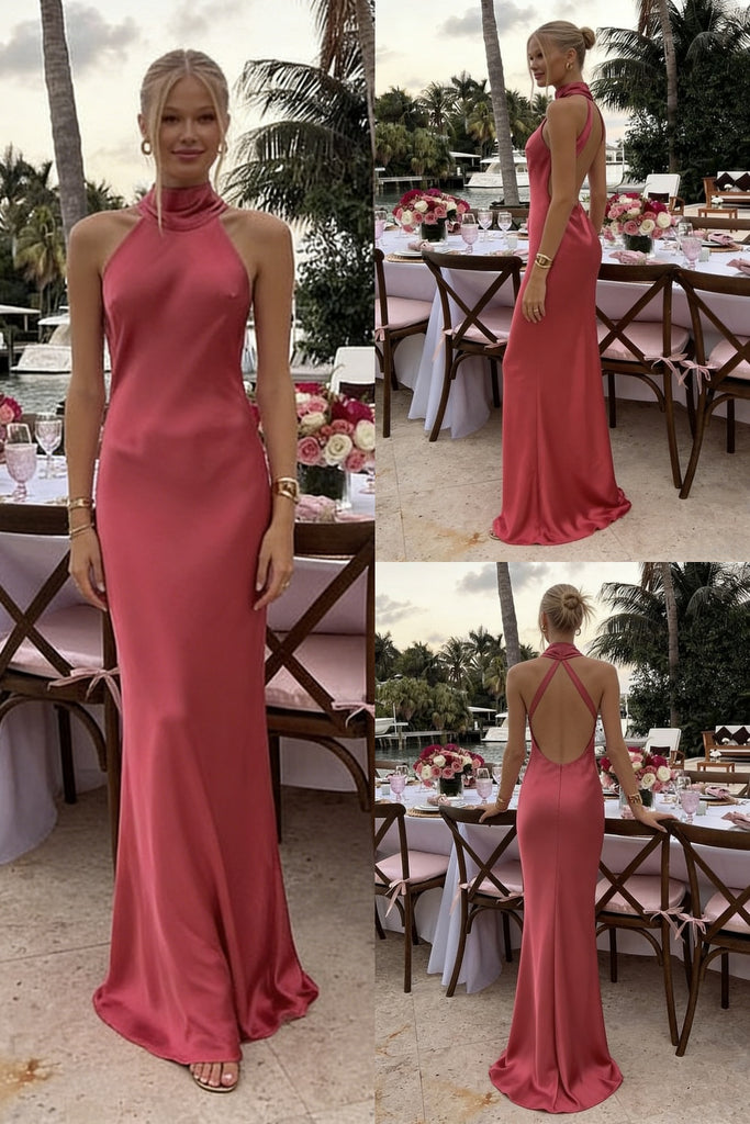 Coral Halter Backless Satin Mermaid Prom Dress - Elegant Formal Evening Gown, PD4163