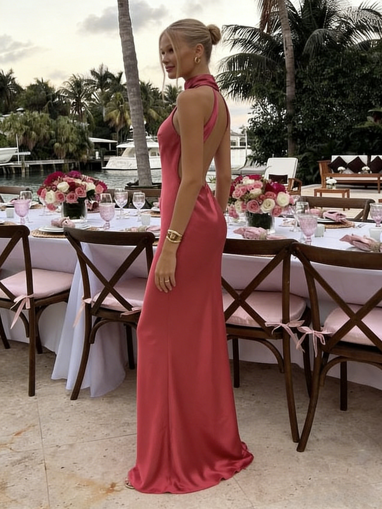 Coral Halter Backless Satin Mermaid Prom Dress