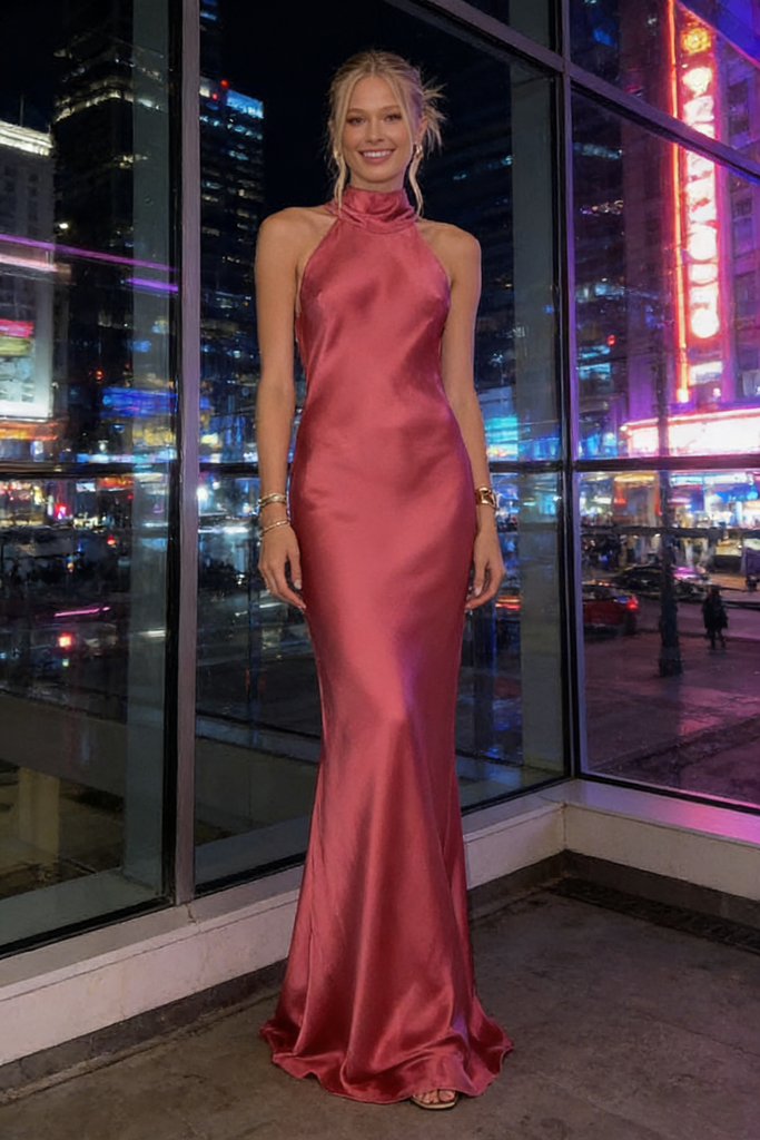 Coral Halter Backless Satin Mermaid Prom Dress - Elegant Formal Evening Gown, PD4163