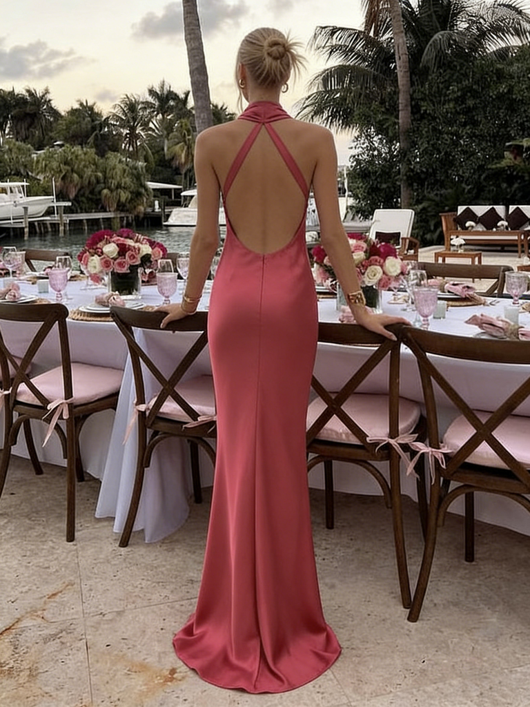 Coral Halter Backless Satin Mermaid Prom Dress - Elegant Formal Evening Gown, PD4163
