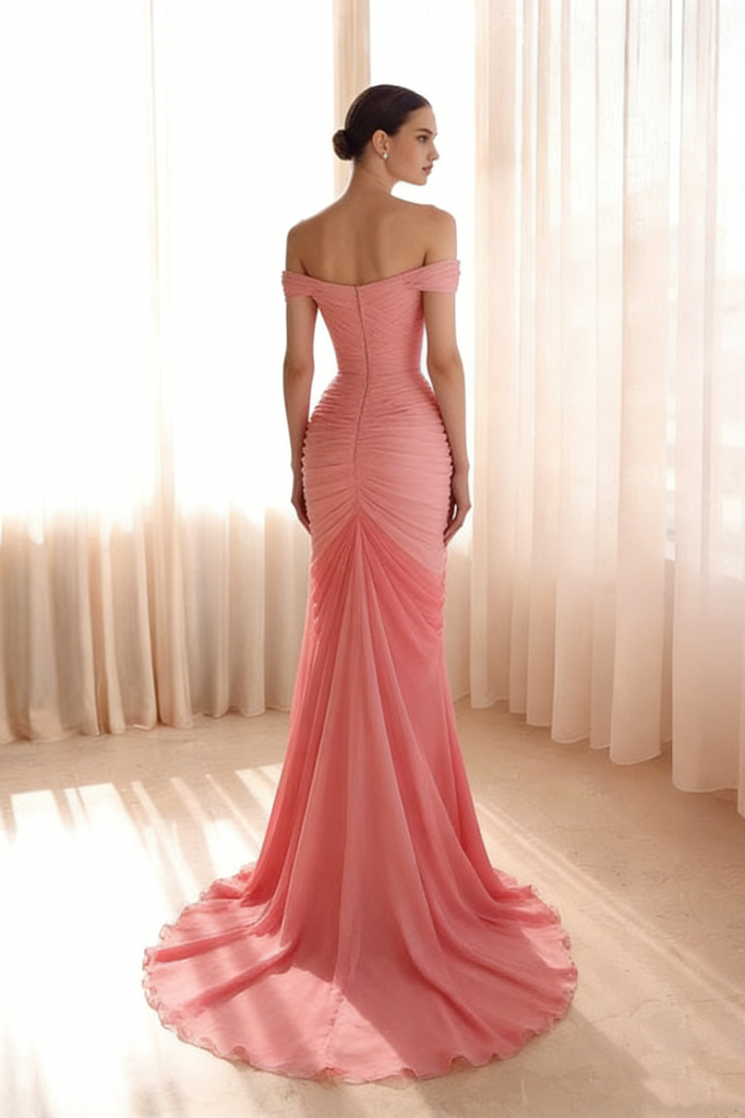 Gradient Pink Off Shoulder Pleated Floral Mermaid Prom Dress - Romantic Formal Evening Gown, PD4167