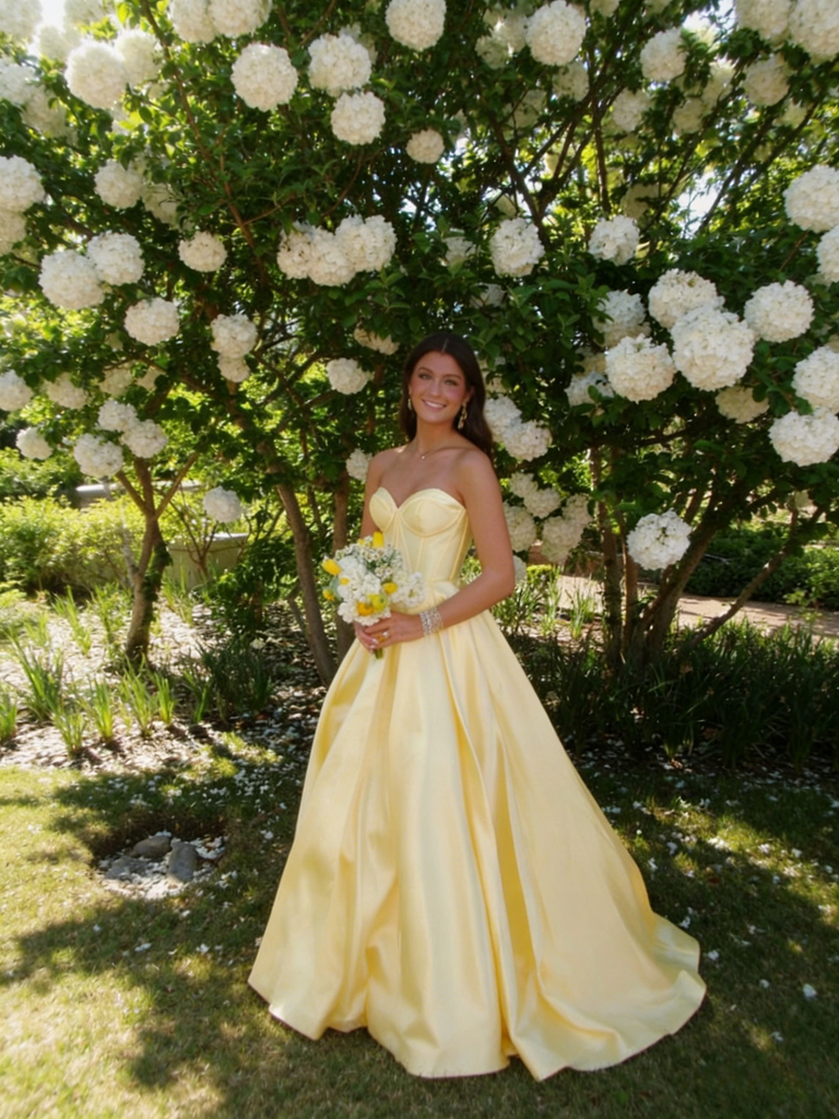 Yellow Strapless Satin Ball Gown Prom Dress - Princess Formal Evening Quinceanera Gown, PD4168