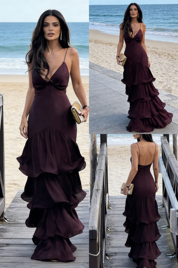 Plum Deep V Spaghetti Strap Tiered Ruffled Backless Maxi Dress – Beach Formal Evening Gown, PD4168
