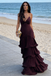 Plum Deep V Spaghetti Strap Tiered Ruffled Backless Maxi Dress – Beach Formal Evening Gown, PD4168