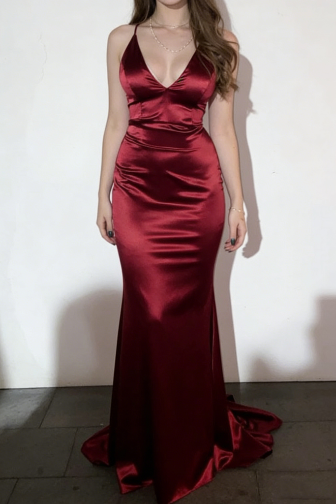 Elegant Burgundy Satin Spaghetti Strap Mermaid Prom Dress Back Tie Formal Evening Gown, PD4169