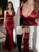 Elegant Burgundy Satin Spaghetti Strap Mermaid Prom Dress Back Tie Formal Evening Gown, PD4169