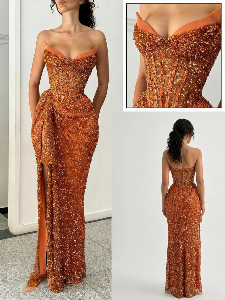 Glam Orange Sequin Off Shoulder High Slit Mermaid Prom Dress Formal Evening Gown, PD4172