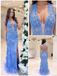 Periwinkle Blue Lace Mermaid Prom Dress | Deep V Neck Open Back Formal Evening Gown, PD4174