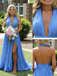 Flowy Sky Blue Halter Pleated Chiffon Dress | High Slit Backless Formal Evening Gown, PD4175