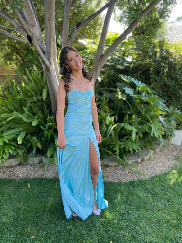 Light Blue Strapless Soft Satin Mermaid Prom Dress with High Slit for Prom & Formal Event, PD4177