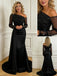 Elegant Black Satin Mermaid Prom Dress, Off Shoulder Sequin Lace Long Sleeve Gown, PD4179