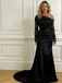 Elegant Black Satin Mermaid Prom Dress, Off Shoulder Sequin Lace Long Sleeve Gown, PD4179