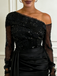 Elegant Black Satin Mermaid Prom Dress, Off Shoulder Sequin Lace Long Sleeve Gown, PD4179