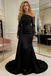 Elegant Black Satin Mermaid Prom Dress, Off Shoulder Sequin Lace Long Sleeve Gown, PD4179